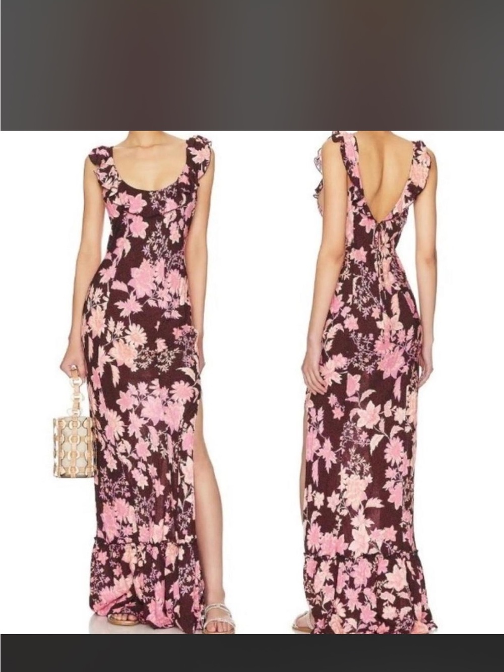 Free People Brown & Pink Floral Ruffle Maxi Dress